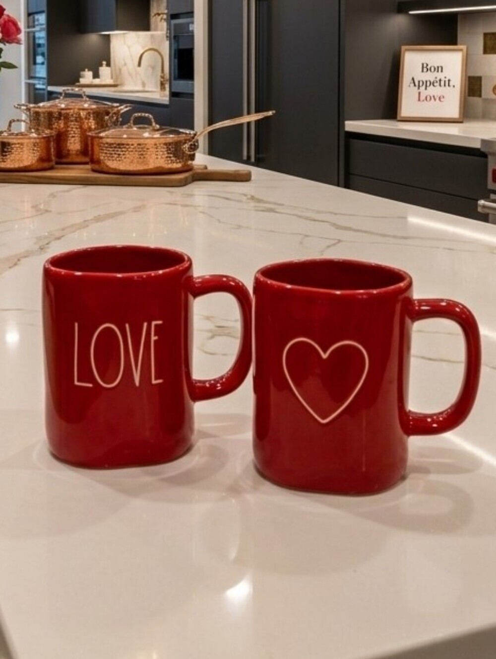 Rae Dunn Red Valentine's Day "LOVE" & Heart Mug Set (Set of 2)